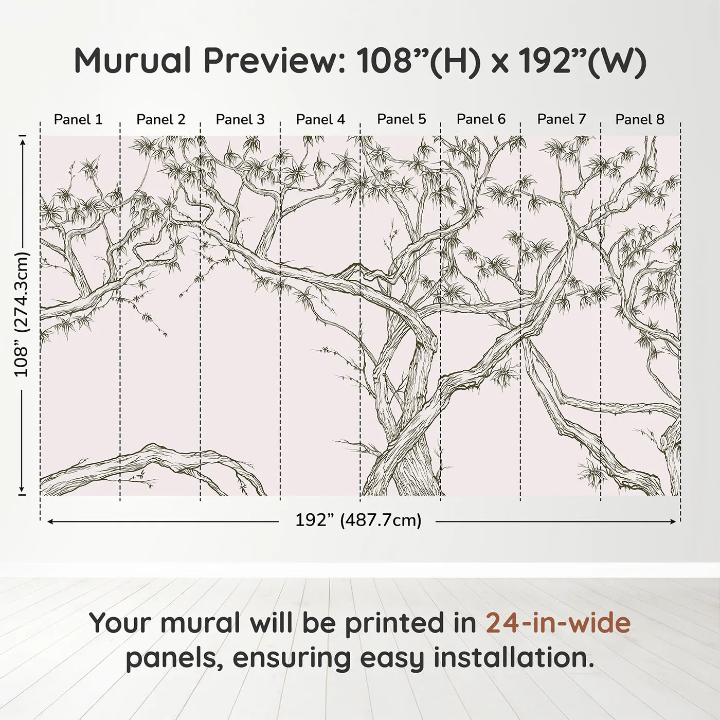 Whimsy Tots Gnarled Tree Grove Wall Mural in Beigedimension view (108" H x 192" W). Printed in eight 24-inch-wide panels. Gender-Neutral