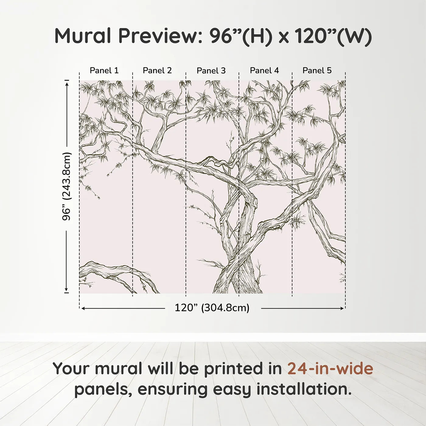 Whimsy Tots Gnarled Tree Grove Wall Mural in Beigedimension view (96" H x 120" W). Printed in five 24-inch-wide panels. Gender-Neutral