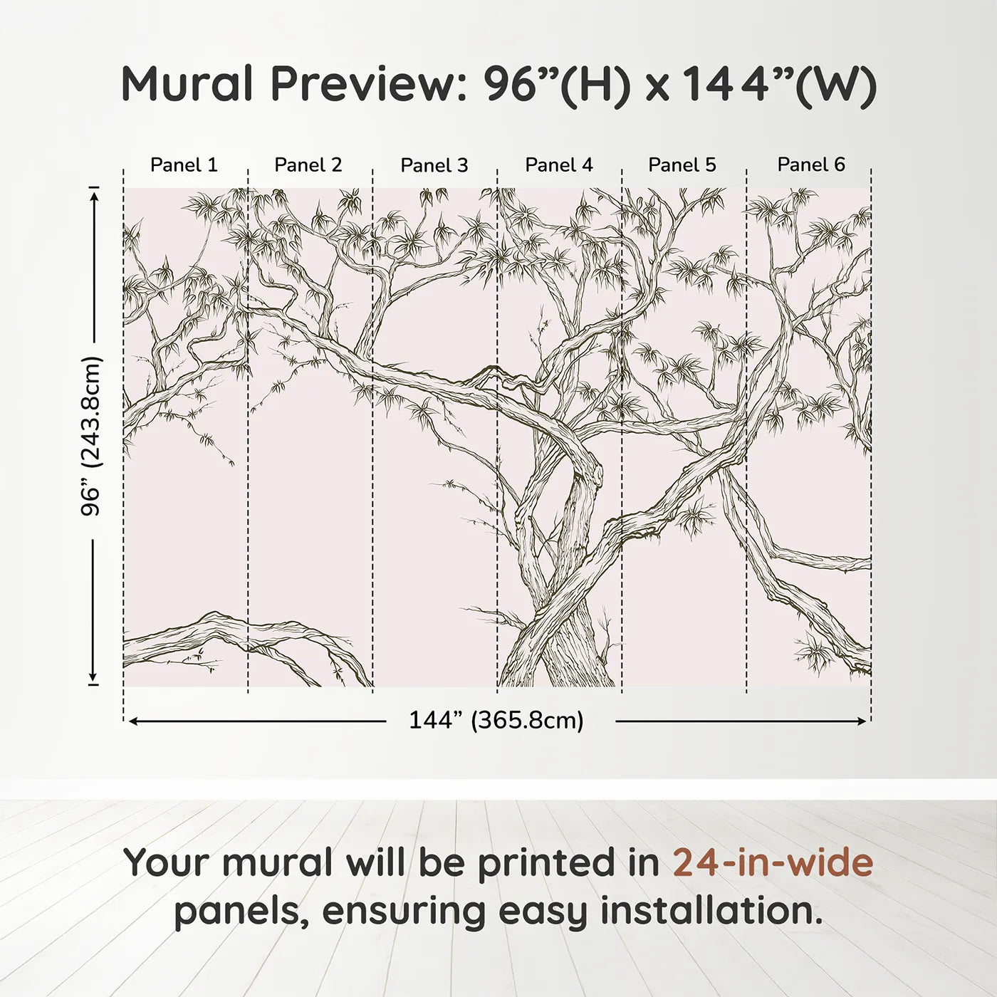 Whimsy Tots Gnarled Tree Grove Wall Mural in Beigedimension view (96" H x 144" W). Printed in six 24-inch-wide panels. Gender-Neutral