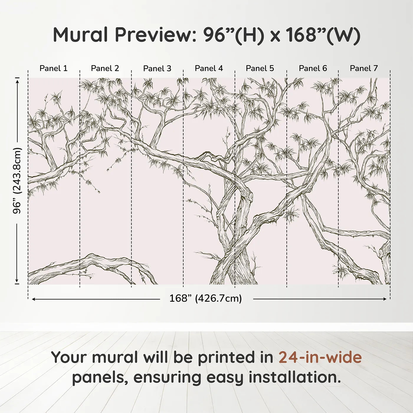 Whimsy Tots Gnarled Tree Grove Wall Mural in Beigedimension view (96" H x 168" W). Printed in seven 24-inch-wide panels. Gender-Neutral
