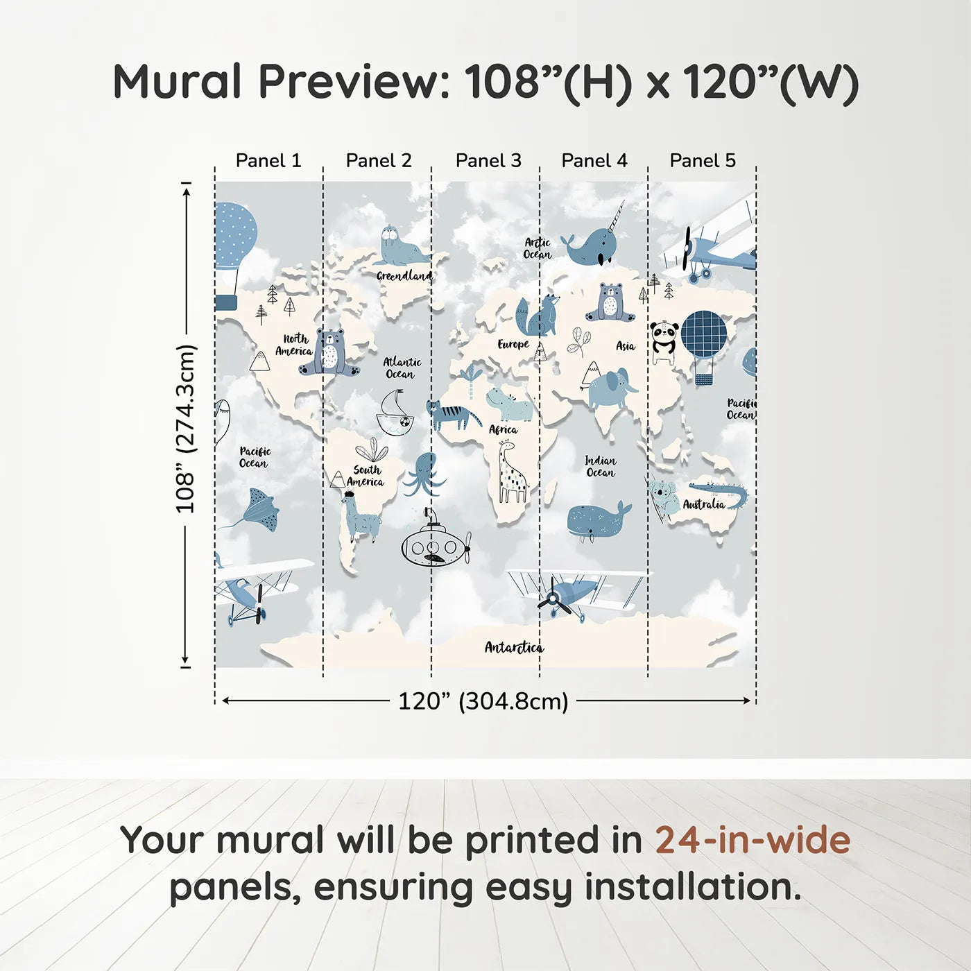 Whimsy Tots Blue Animal World Map Wall Muraldimension view (108" H x 120" W). Printed in five 24-inch-wide panels. Gender-Neutral