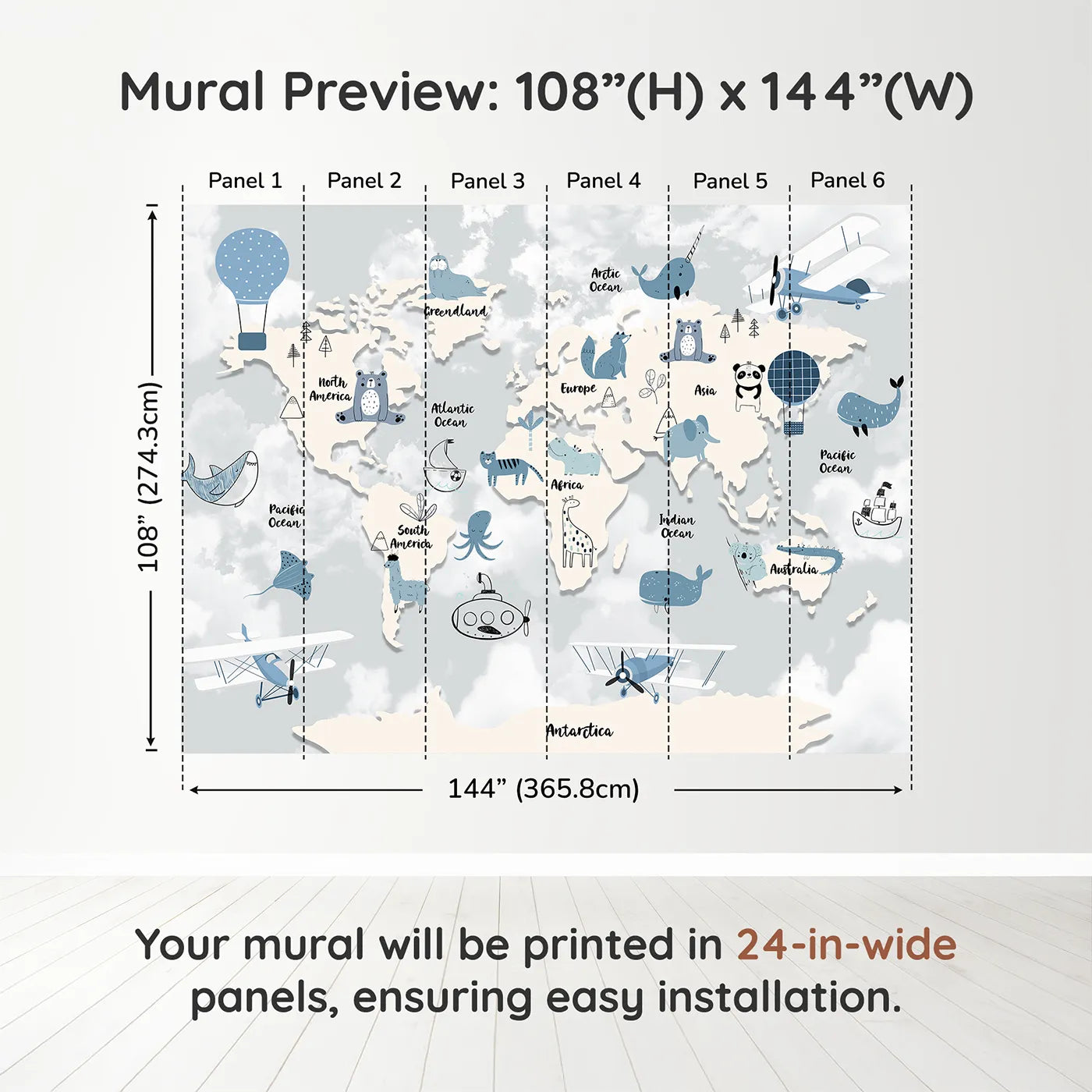 Whimsy Tots Blue Animal World Map Wall Muraldimension view (108" H x 144" W). Printed in six 24-inch-wide panels. Gender-Neutral