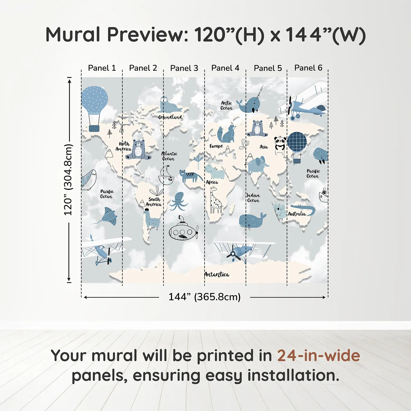Whimsy Tots Blue Animal World Map Wall Muraldimension view (120" H x 144" W). Printed in six 24-inch-wide panels. Gender-Neutral