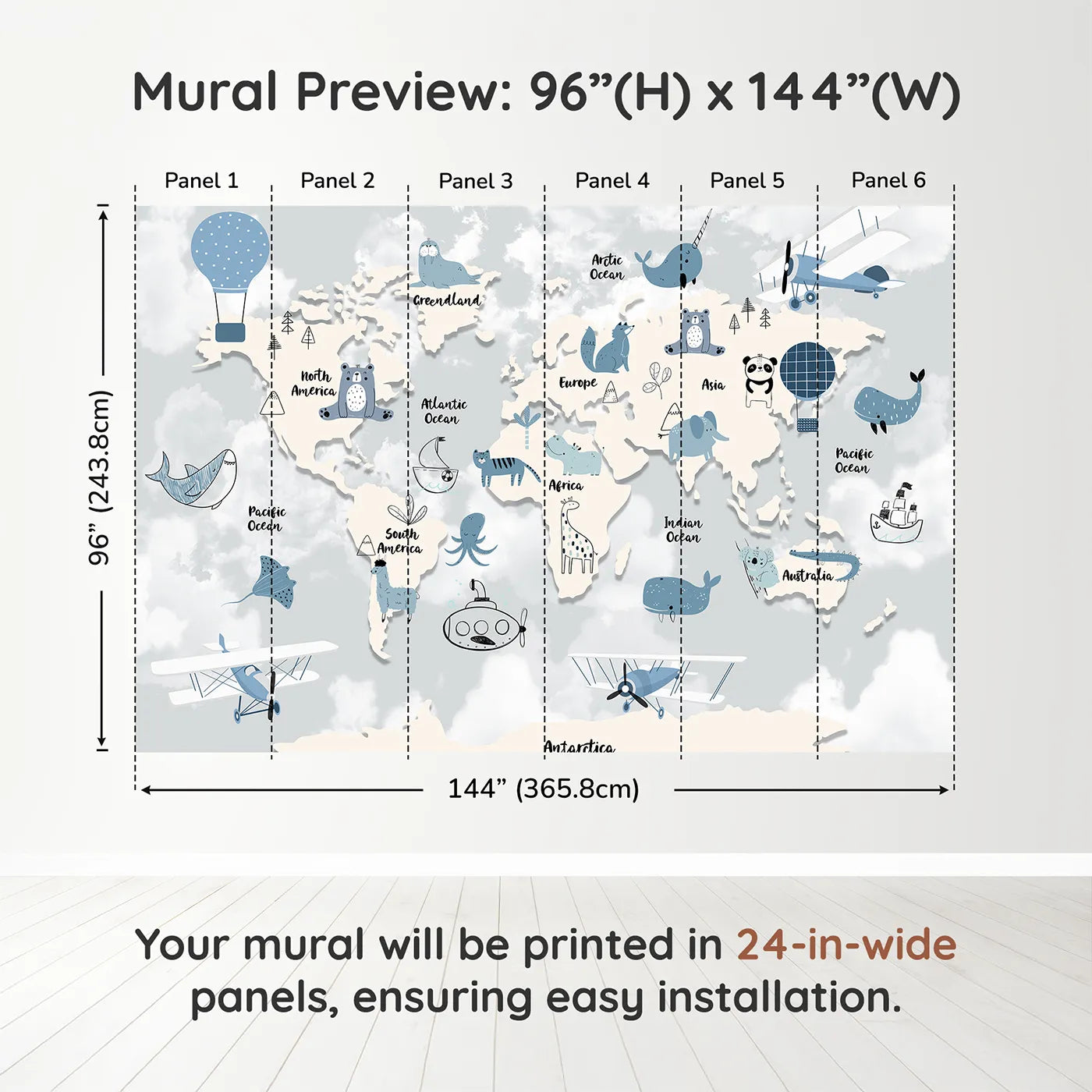 Whimsy Tots Blue Animal World Map Wall Muraldimension view (96" H x 144" W). Printed in six 24-inch-wide panels. Gender-Neutral