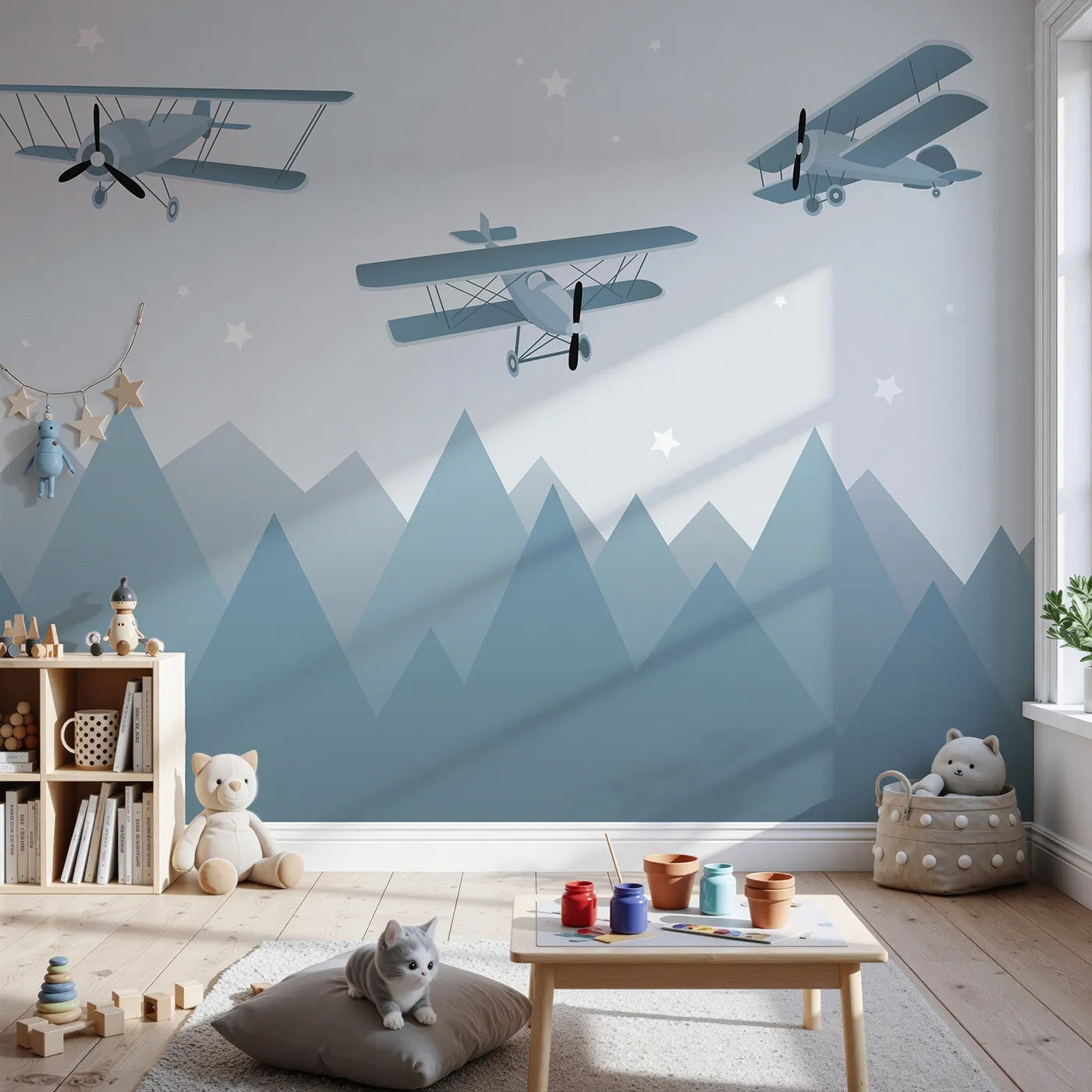 Front view of Whimsy Tots' Vintage Biplanes Over Mountains Wall Mural