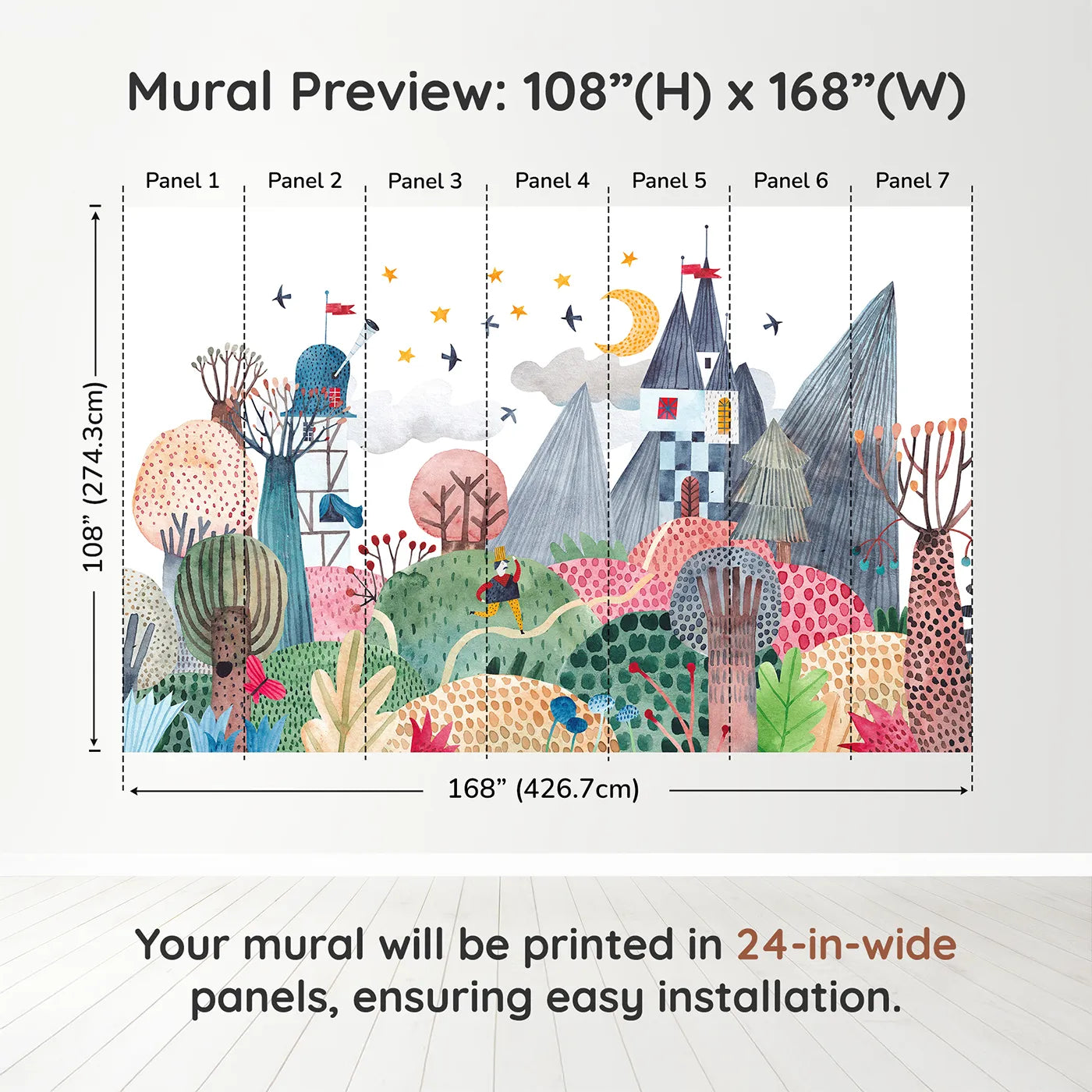 Whimsy Tots Nightfall Kingdom Wall Muraldimension view (108" H x 168" W). Printed in seven 24-inch-wide panels. Gender-Neutral