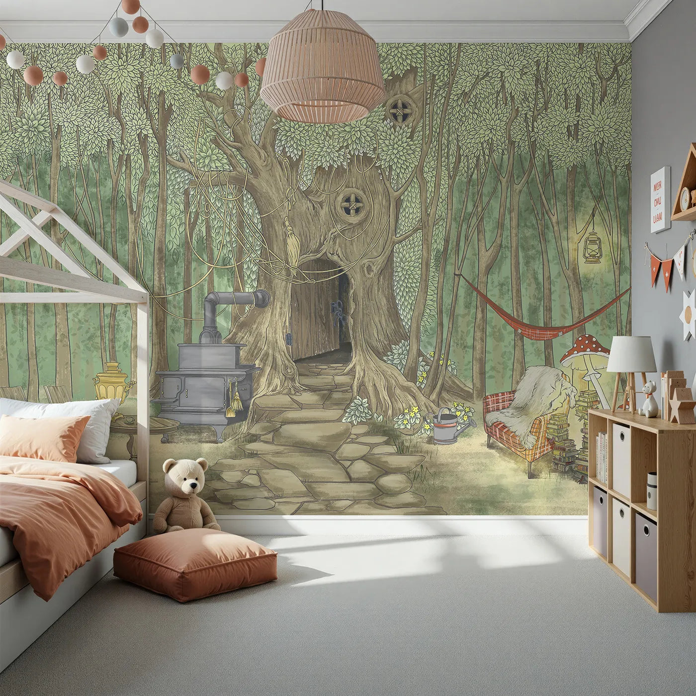 Front view of Whimsy Tots' Cozy Treehouse Cottage Wall Mural
