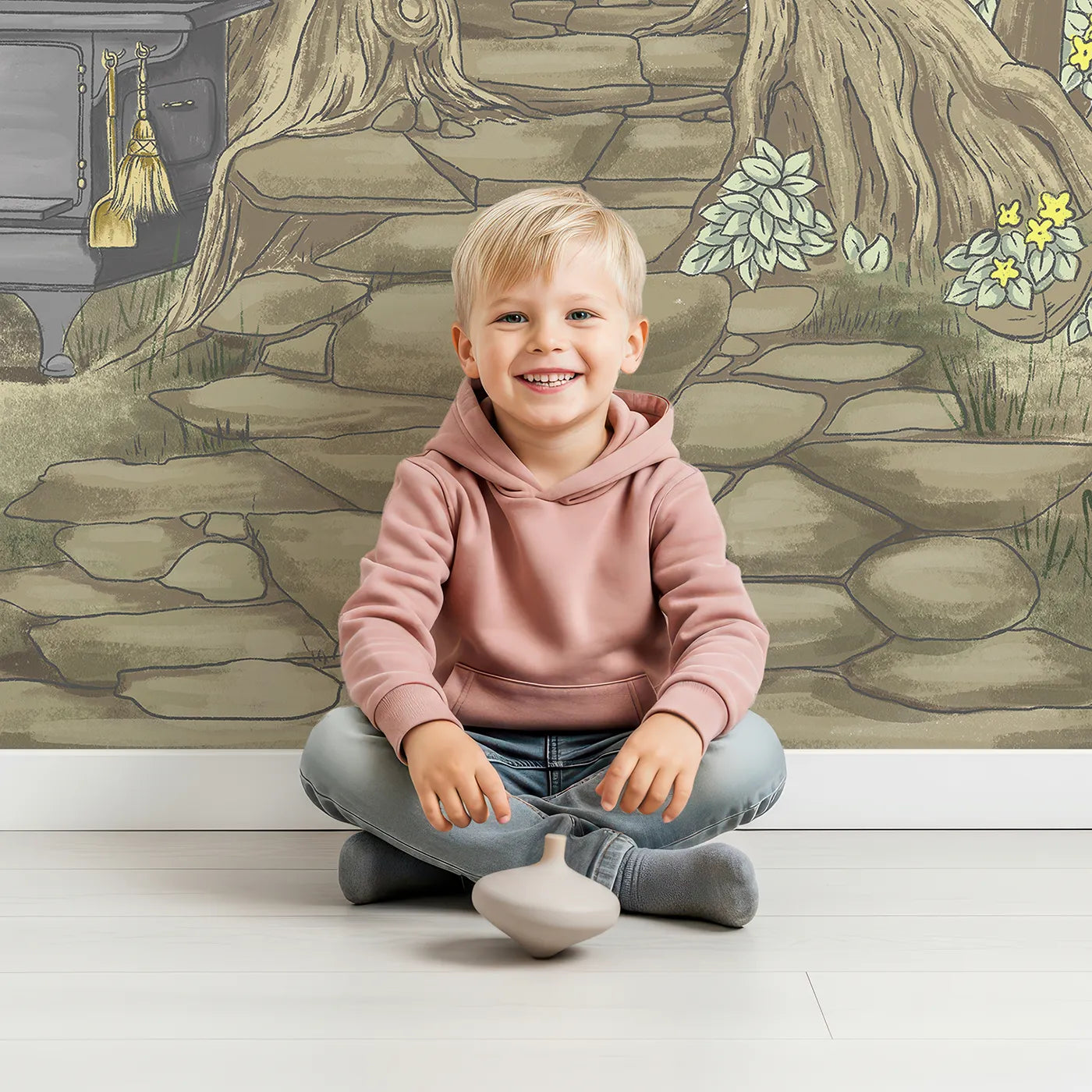 Child in front of Whimsy Tots Cozy Treehouse Cottage Wall Mural with treehouse, forest, cozy, book, woods, cottage, fantasy, detailed in design.