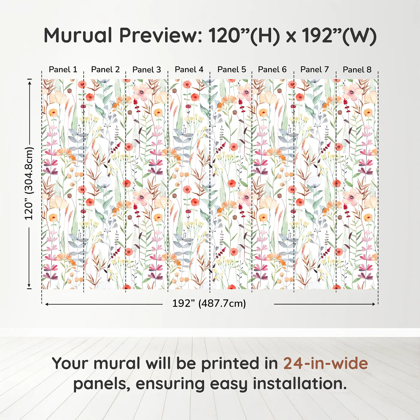 Whimsy Tots Watercolor Wildflower Patch Wall Muraldimension view (120" H x 192" W). Printed in eight 24-inch-wide panels. Gender-Neutral
