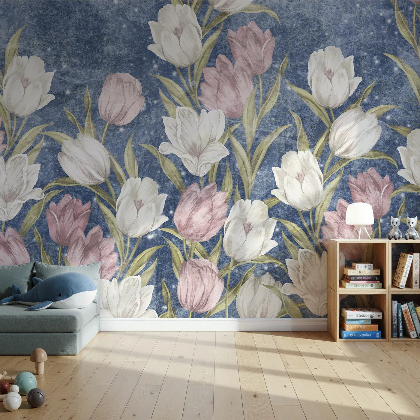 Front view of Whimsy Tots' Starry Tulip Field Wall Mural