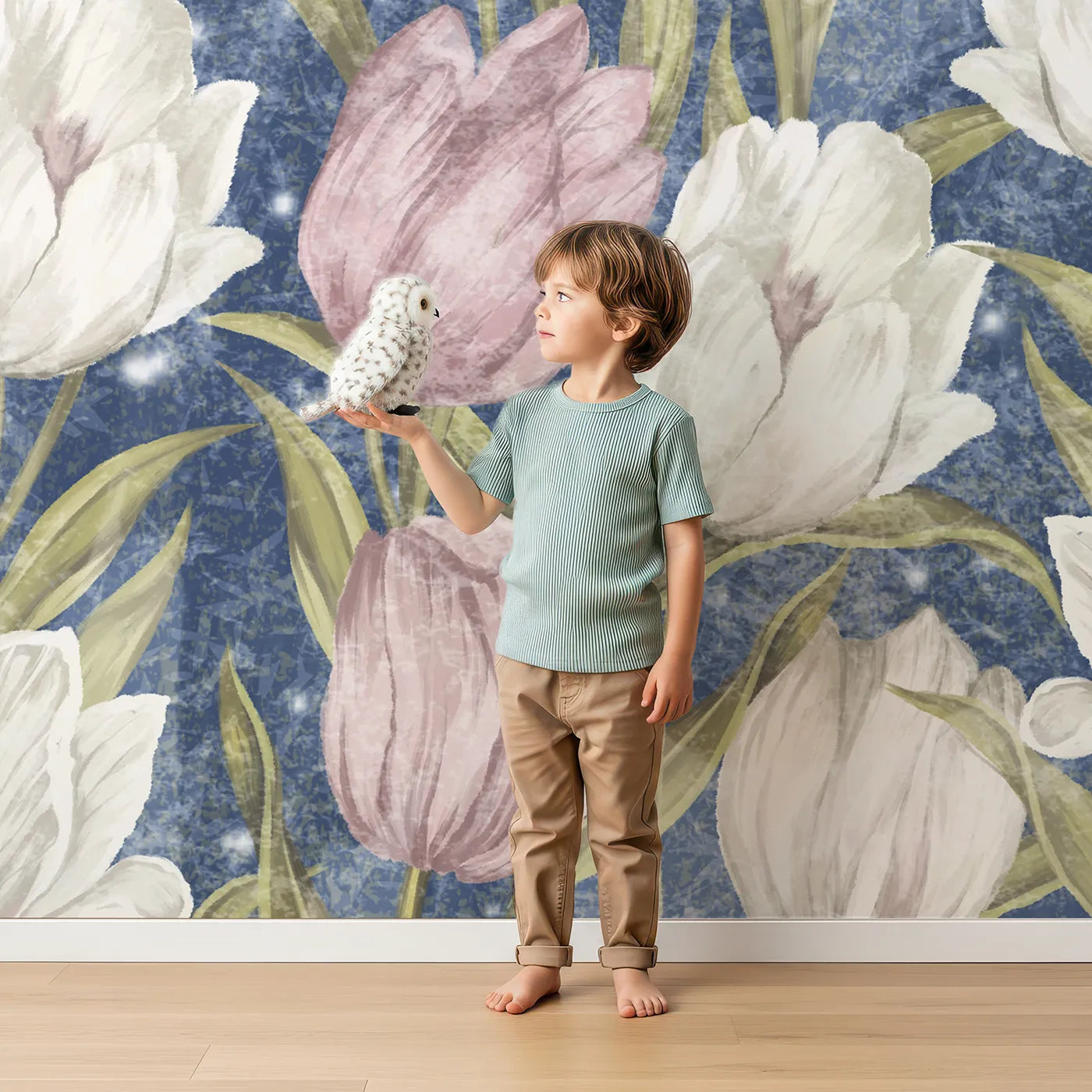 Child in front of Whimsy Tots Starry Tulip Field Wall Mural with tulip, flower, star, night, pink, blue, floral, magical in design.