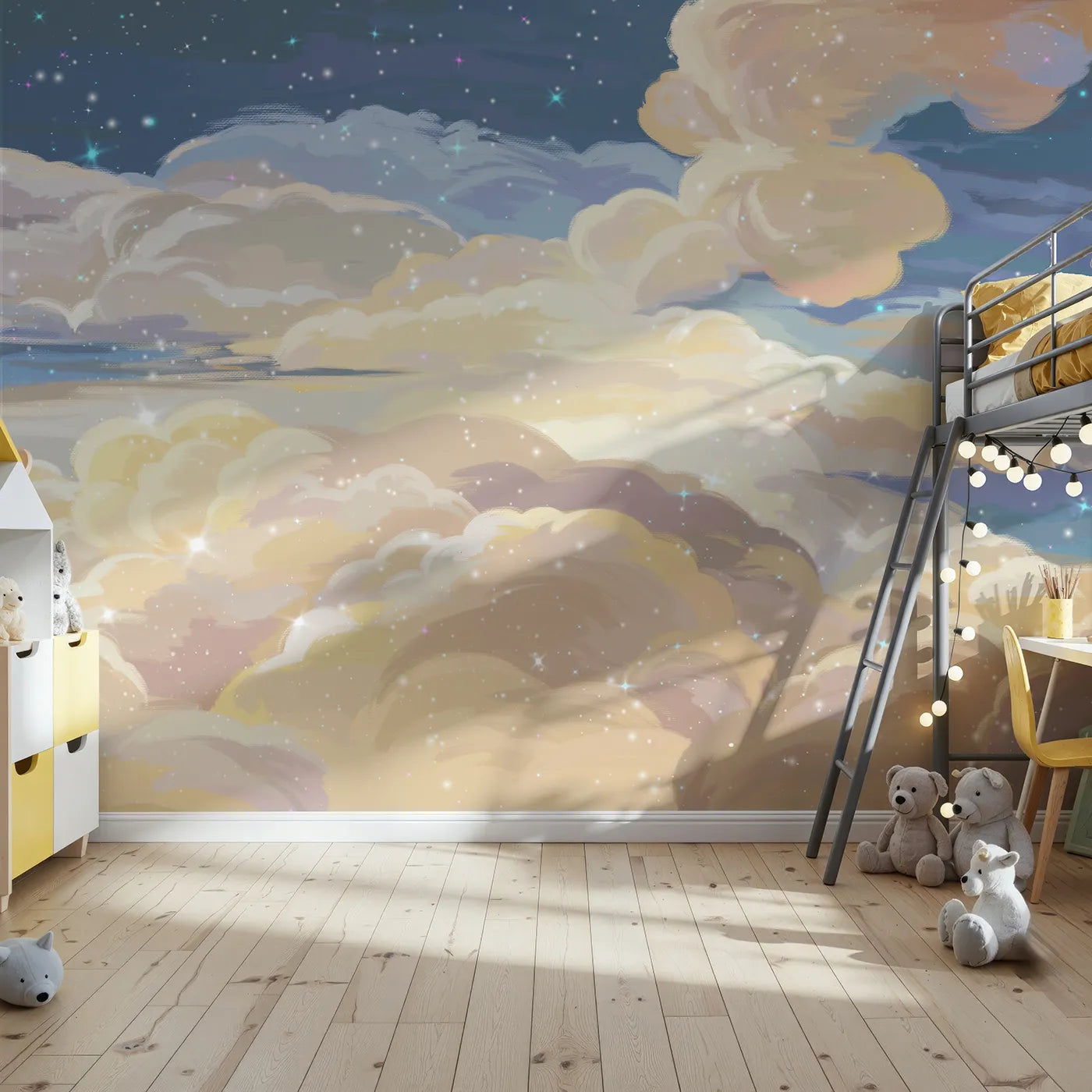 Front view of Whimsy Tots' Golden Hour Clouds Wall Mural