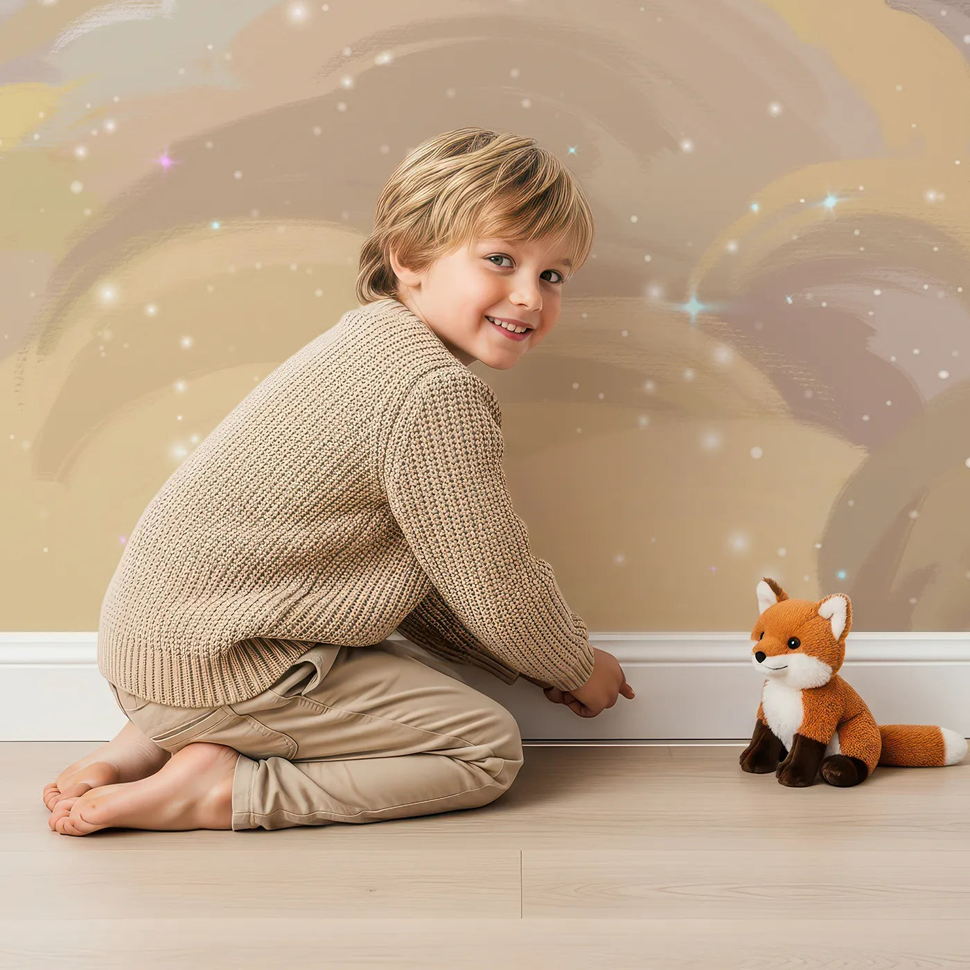 Child in front of Whimsy Tots Golden Hour Clouds Wall Mural with cloud, sky, sunset, golden hour, sparkle, pink, yellow, dreamy in design.