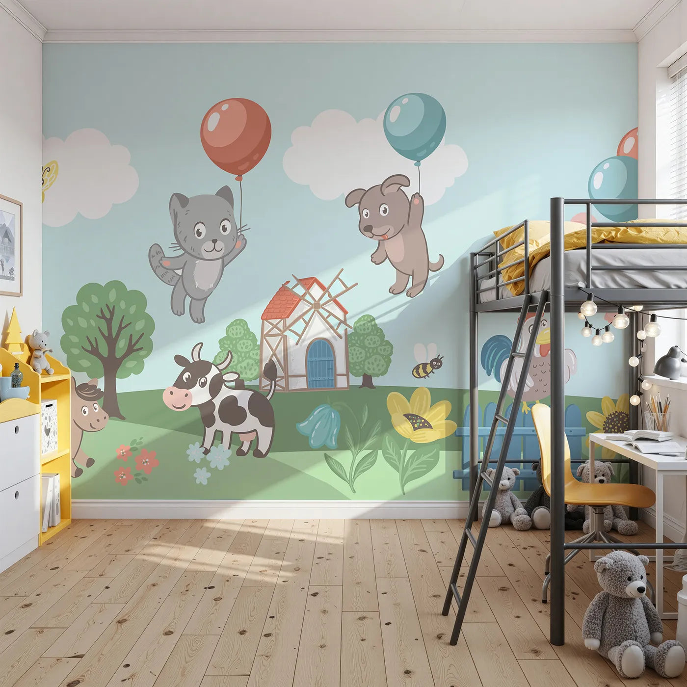 Front view of Whimsy Tots' Farm Animal Balloon Party Wall Mural