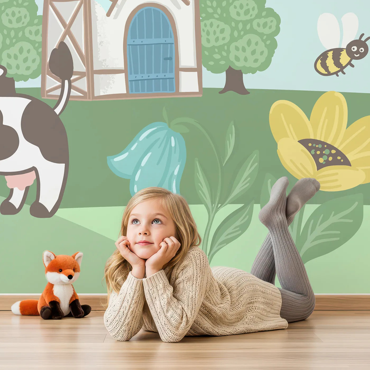 Child in front of Whimsy Tots Farm Animal Balloon Party Wall Mural with animal, farm, balloon, cute, pig, dog, cat, countryside in design.