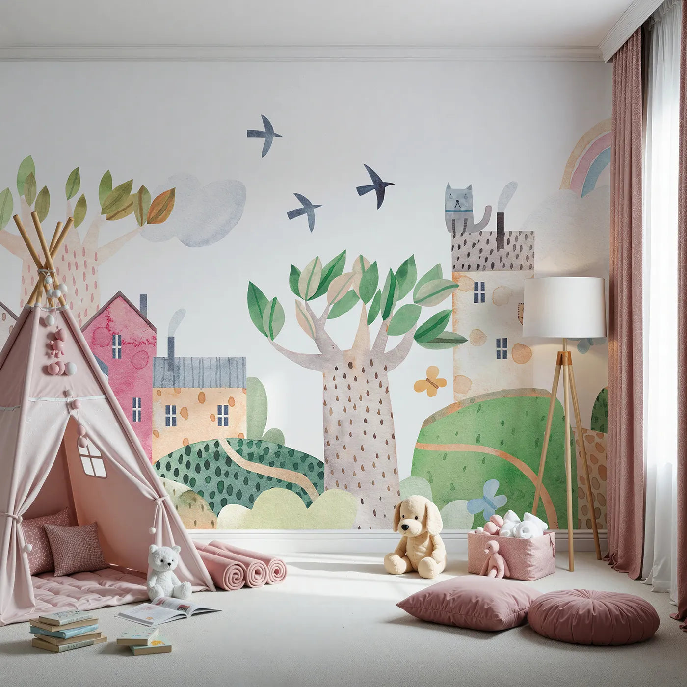 Front view of Whimsy Tots' Rainbow Hills Town Wall Mural