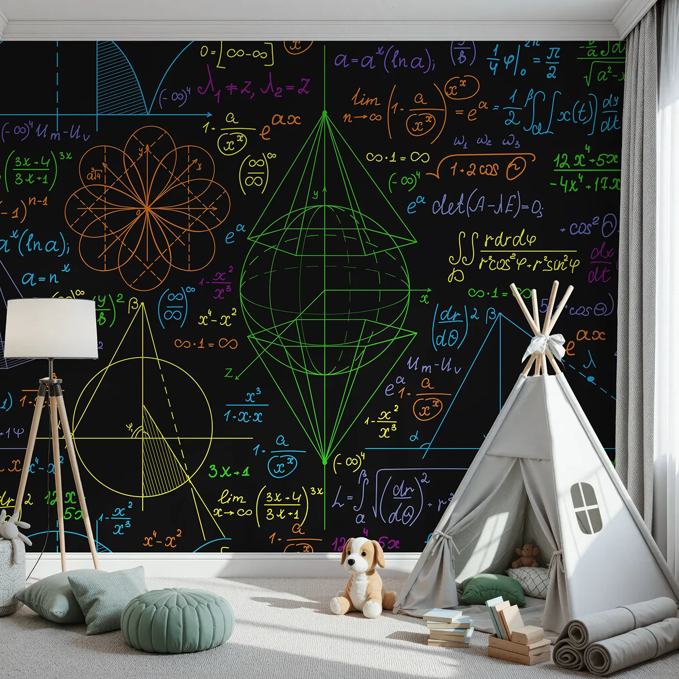 Front view of Whimsy Tots' Neon Math Formulas Wall Mural