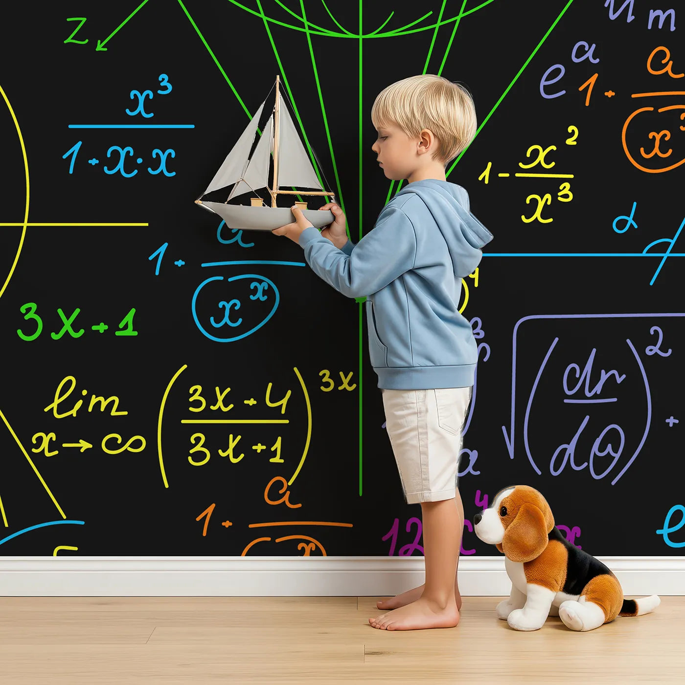 Child in front of Whimsy Tots Neon Math Formulas Wall Mural with math, science, neon, formula, equation, colorful, glow, stem in design.