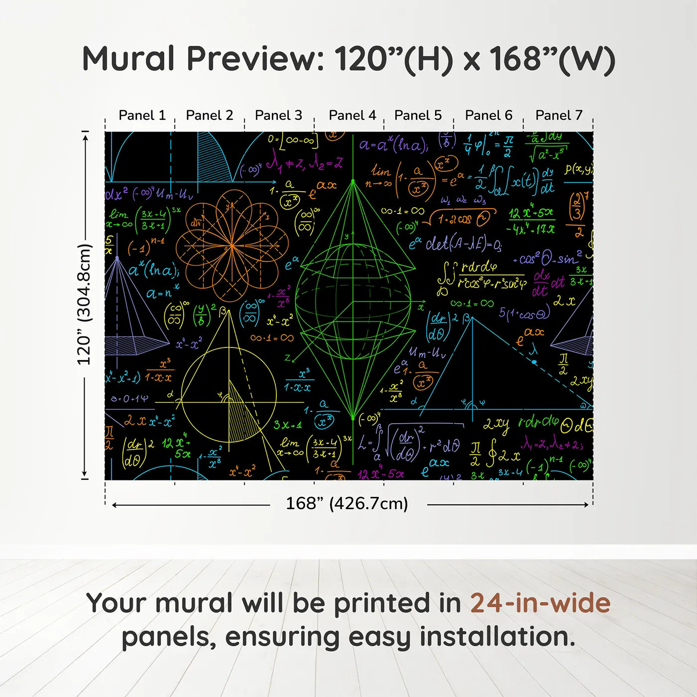 Whimsy Tots Neon Math Formulas Wall Muraldimension view (120" H x 168" W). Printed in seven 24-inch-wide panels. Gender-Neutral