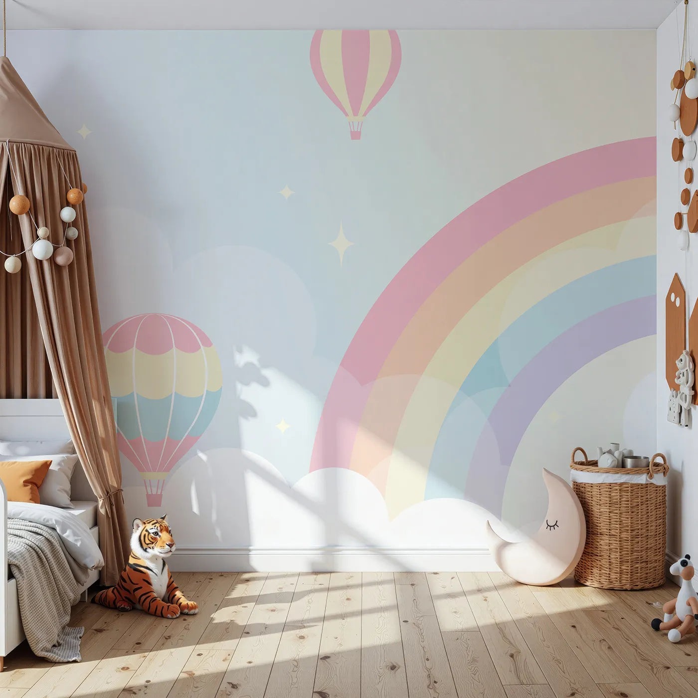 Front view of Whimsy Tots' Pastel Rainbow Sky Wall Mural