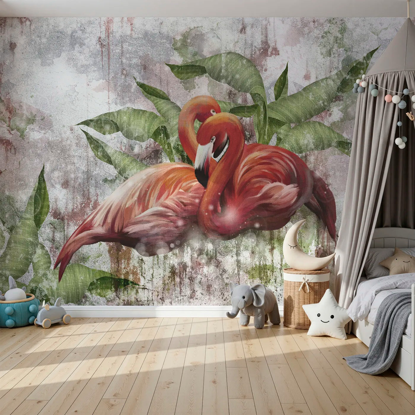 Front view of Whimsy Tots' Flamingo Love Wall Mural