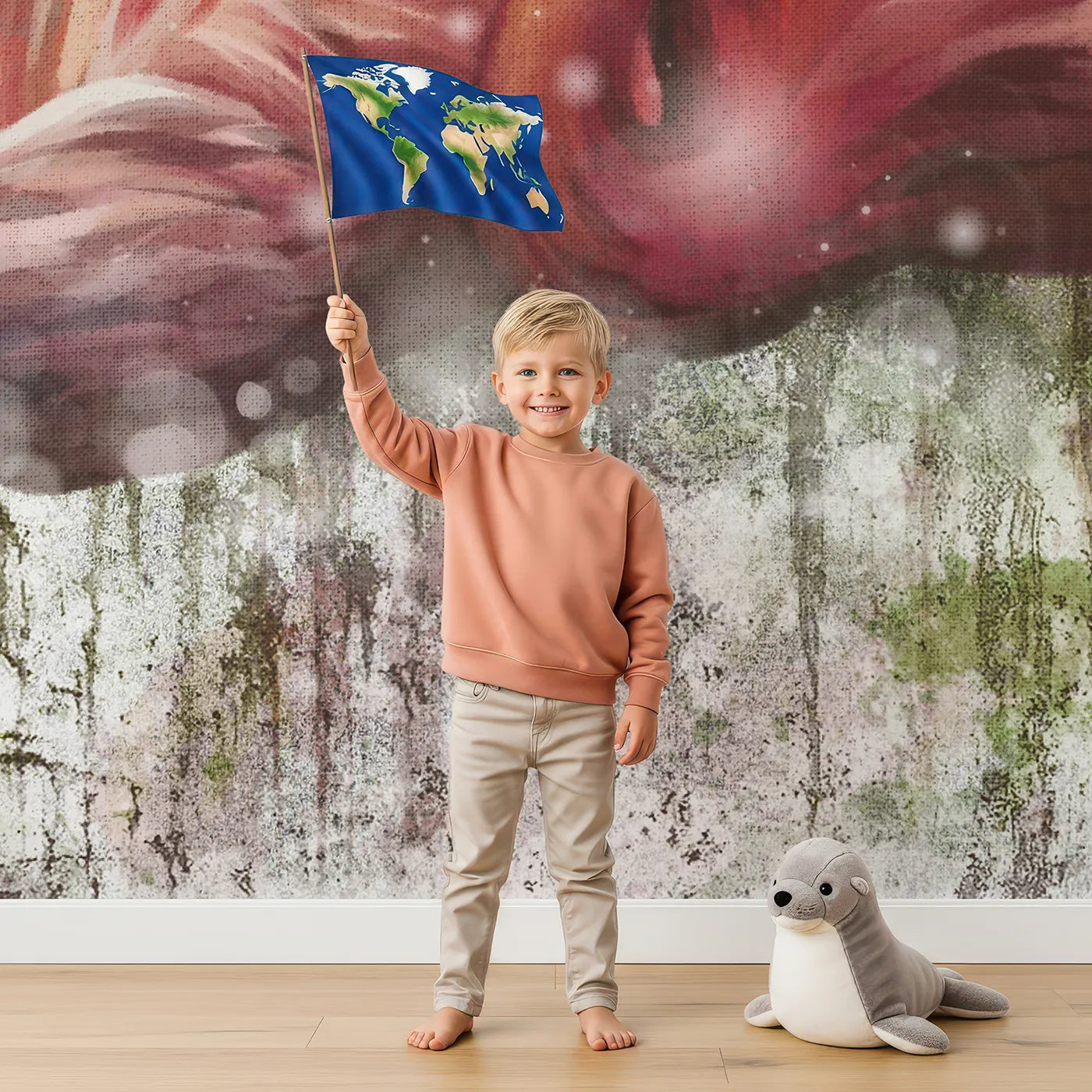 Child in front of Whimsy Tots Flamingo Love Wall Mural with flamingo, bird, tropical, leaf, love, red, grunge, painterly in design.