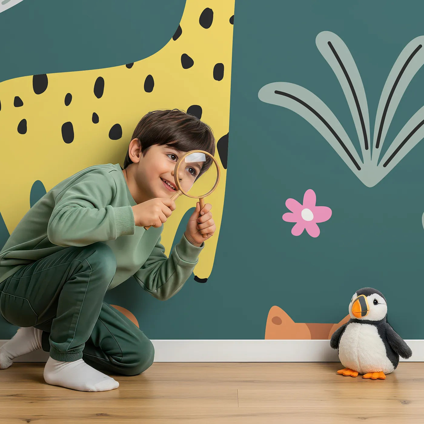 Child in front of Whimsy Tots Scandinavian Safari Wall Mural with safari, animal, lion, zebra, tiger, giraffe, modern, scandinavian in design.