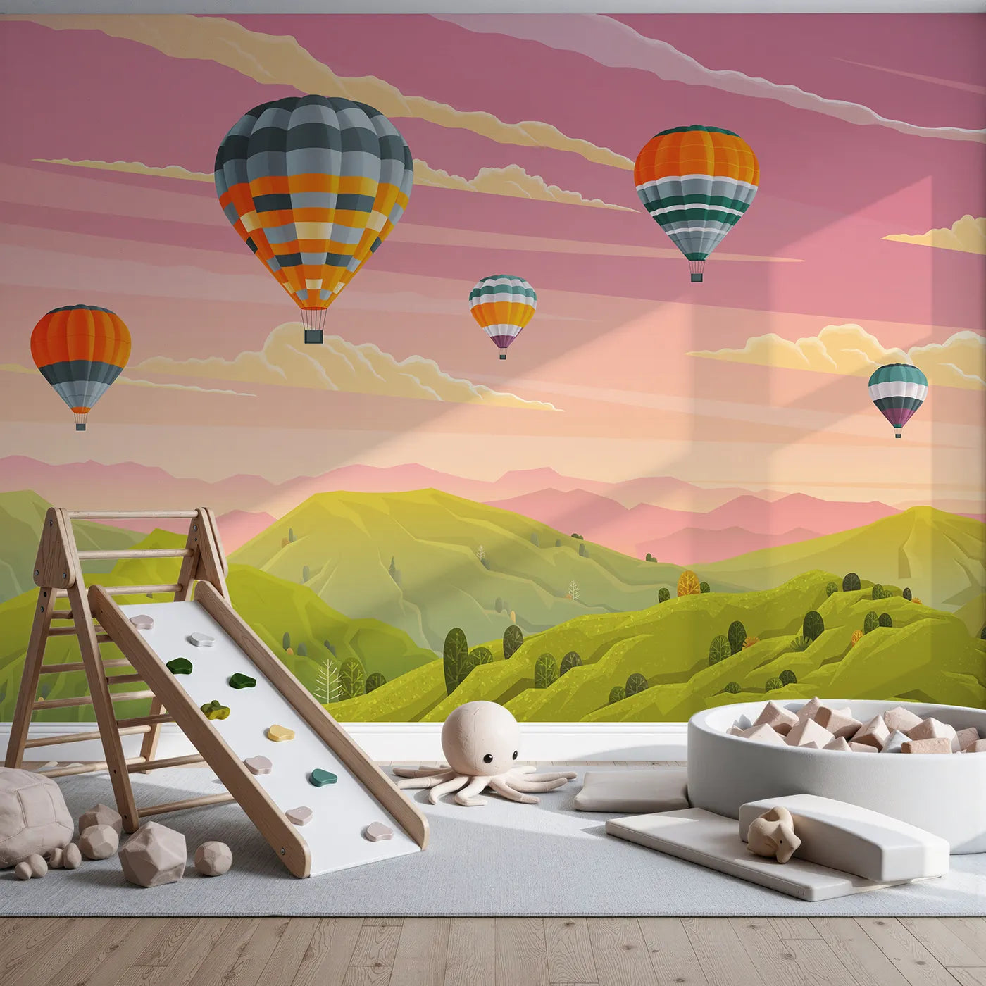 Front view of Whimsy Tots' Sunset Mountain Balloons Wall Mural