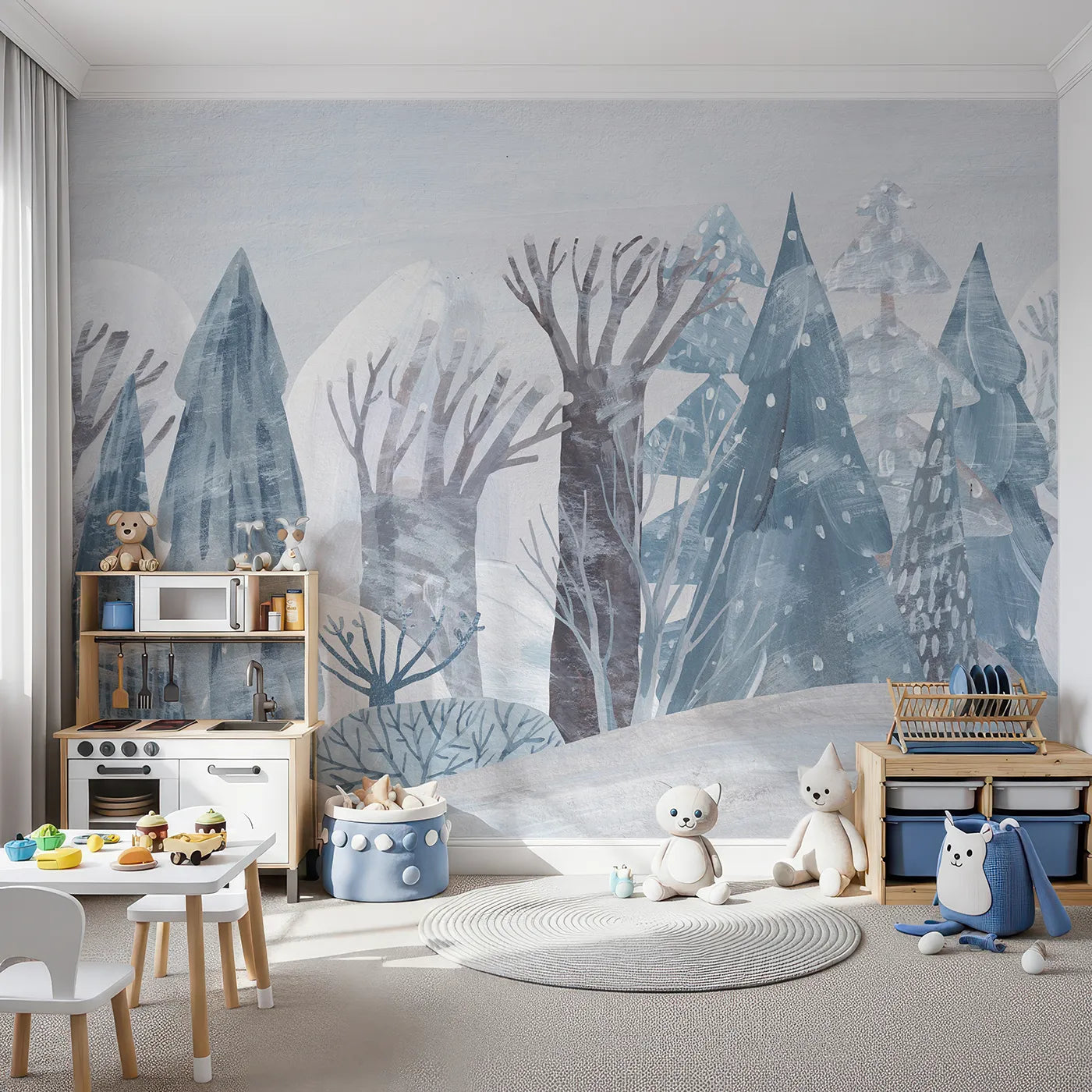 Front view of Whimsy Tots' Painted Winter Forest Wall Mural