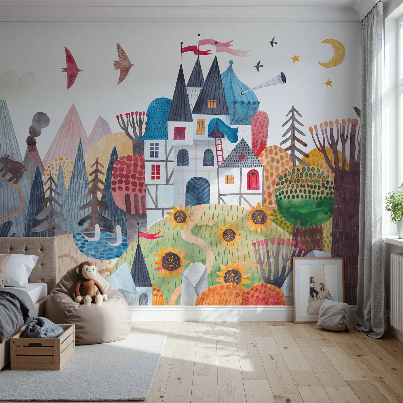 Front view of Whimsy Tots' Sunflower Castle Wall Mural