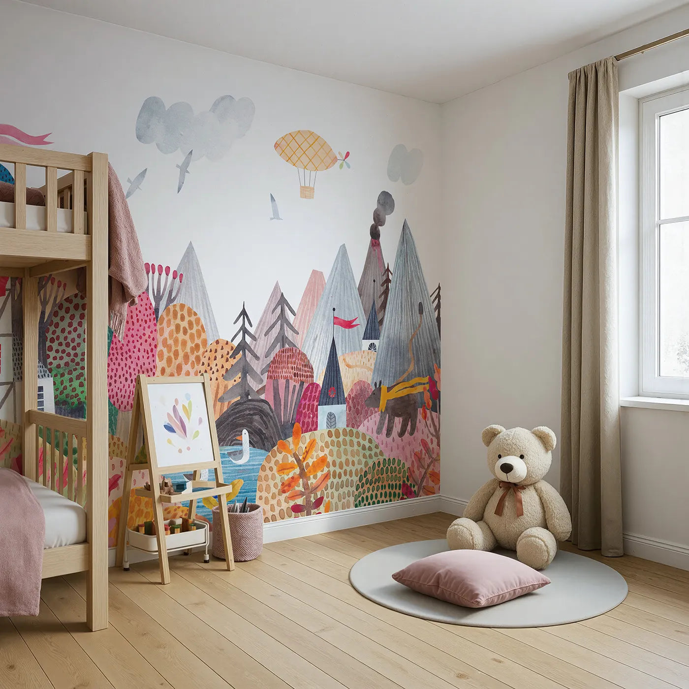 Angled view of Whimsy Tots' Whimsical Mountain Lookout Wall Mural (Turn Their Room into a Grand and Colorful Adventure).Gender-Neutral