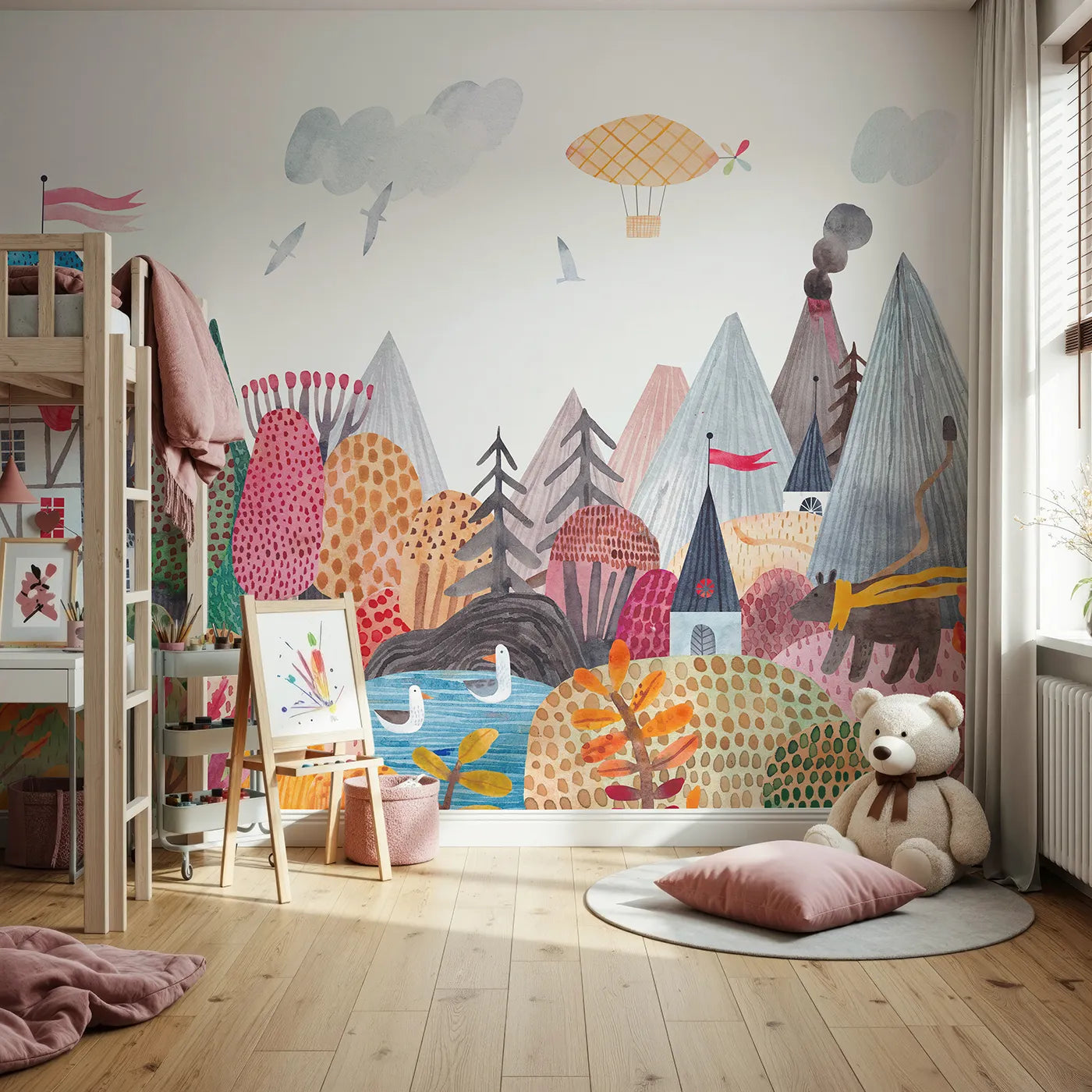 Front view of Whimsy Tots' Whimsical Mountain Lookout Wall Mural