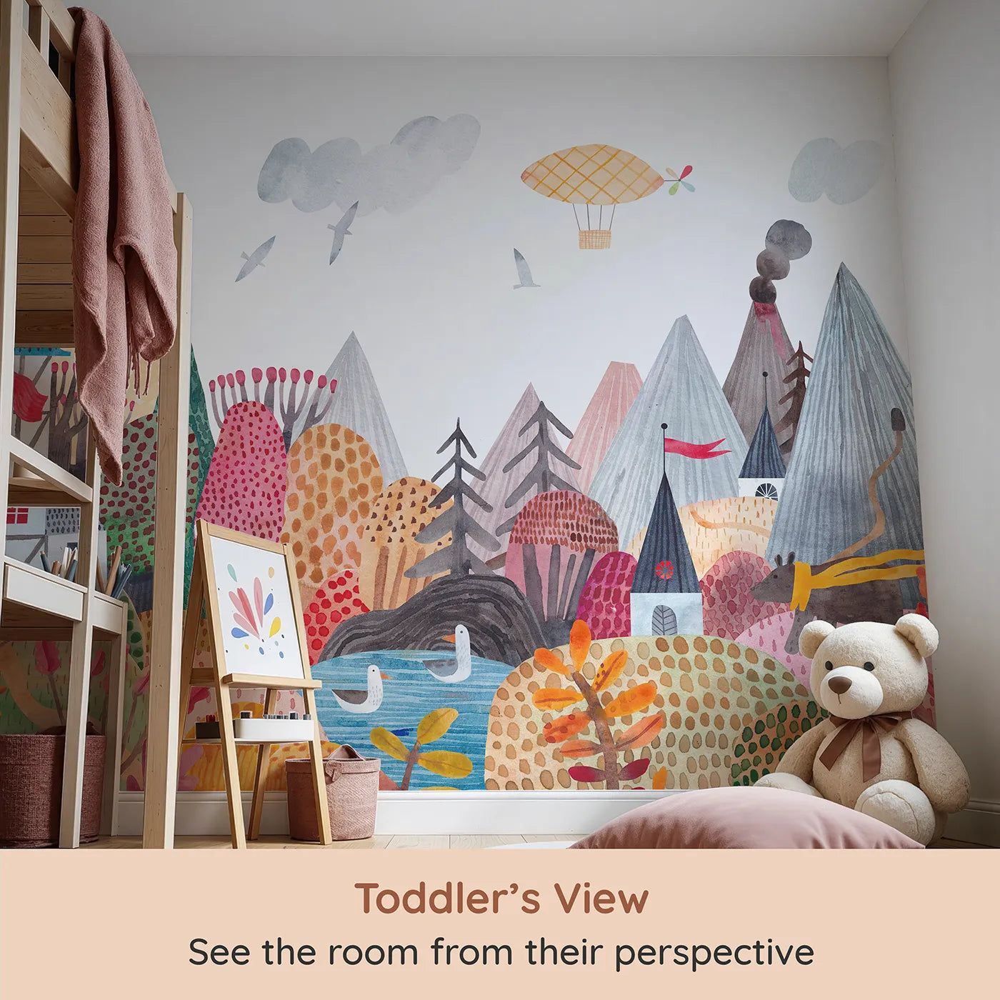 Whimsy Tots Whimsical Mountain Lookout Wall Mural (Turn Their Room into a Grand and Colorful Adventure) from your child's view.Gender-Neutral