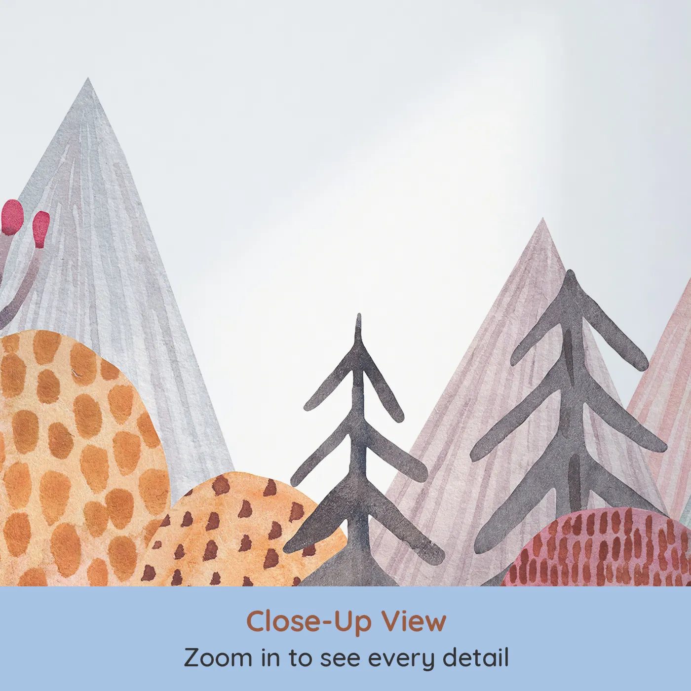Close-up view of Whimsy Tots' Whimsical Mountain Lookout Wall Mural (Turn Their Room into a Grand and Colorful Adventure).Gender-Neutral