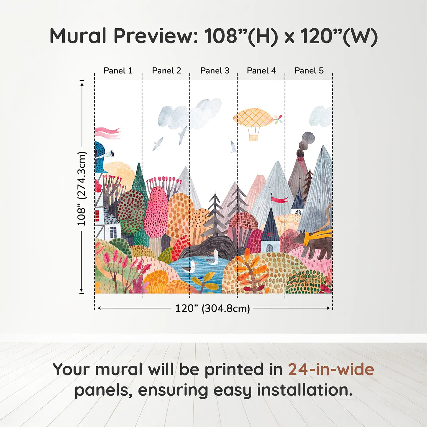 Whimsy Tots Whimsical Mountain Lookout Wall Muraldimension view (108" H x 120" W). Printed in five 24-inch-wide panels. Gender-Neutral