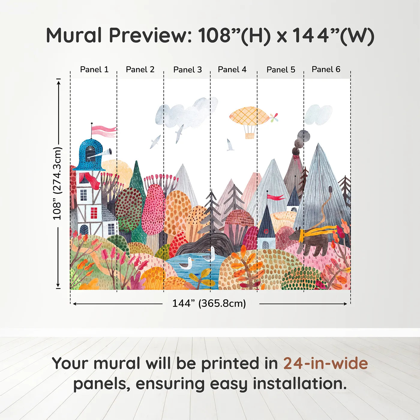 Whimsy Tots Whimsical Mountain Lookout Wall Muraldimension view (108" H x 144" W). Printed in six 24-inch-wide panels. Gender-Neutral