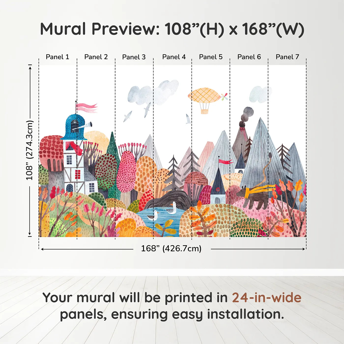 Whimsy Tots Whimsical Mountain Lookout Wall Muraldimension view (108" H x 168" W). Printed in seven 24-inch-wide panels. Gender-Neutral