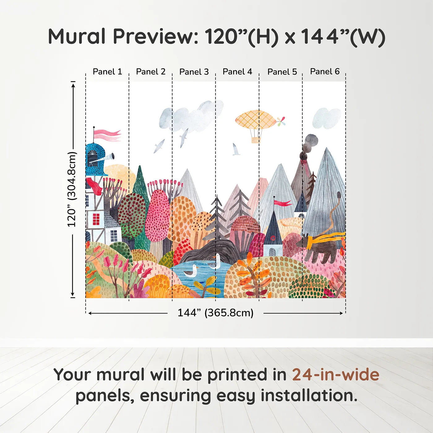 Whimsy Tots Whimsical Mountain Lookout Wall Muraldimension view (120" H x 144" W). Printed in six 24-inch-wide panels. Gender-Neutral