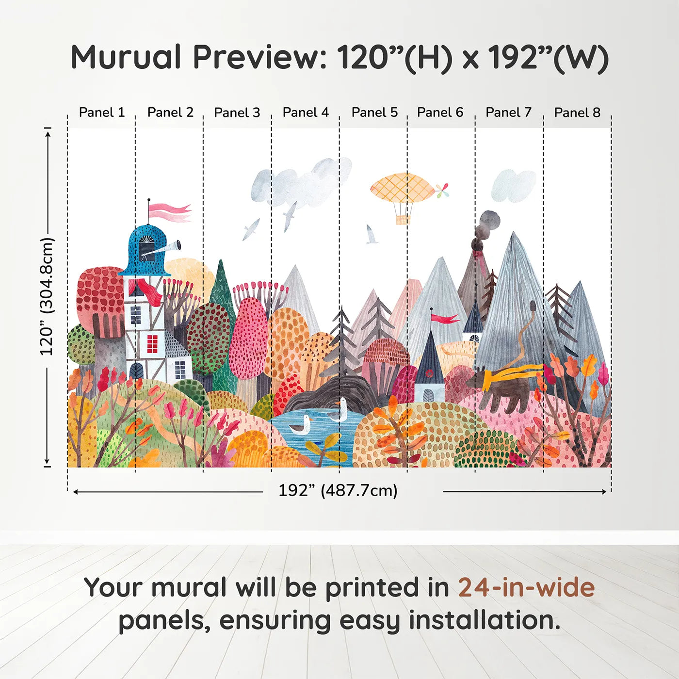 Whimsy Tots Whimsical Mountain Lookout Wall Muraldimension view (120" H x 192" W). Printed in eight 24-inch-wide panels. Gender-Neutral