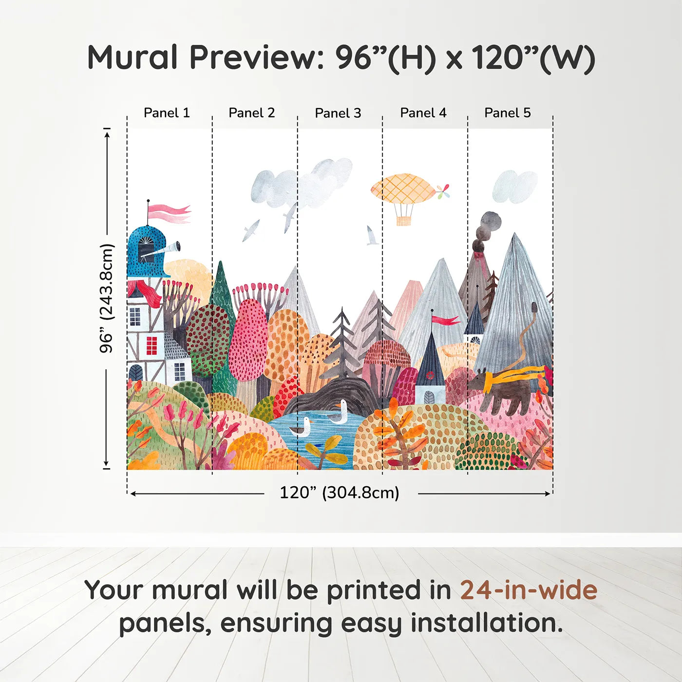 Whimsy Tots Whimsical Mountain Lookout Wall Muraldimension view (96" H x 120" W). Printed in five 24-inch-wide panels. Gender-Neutral