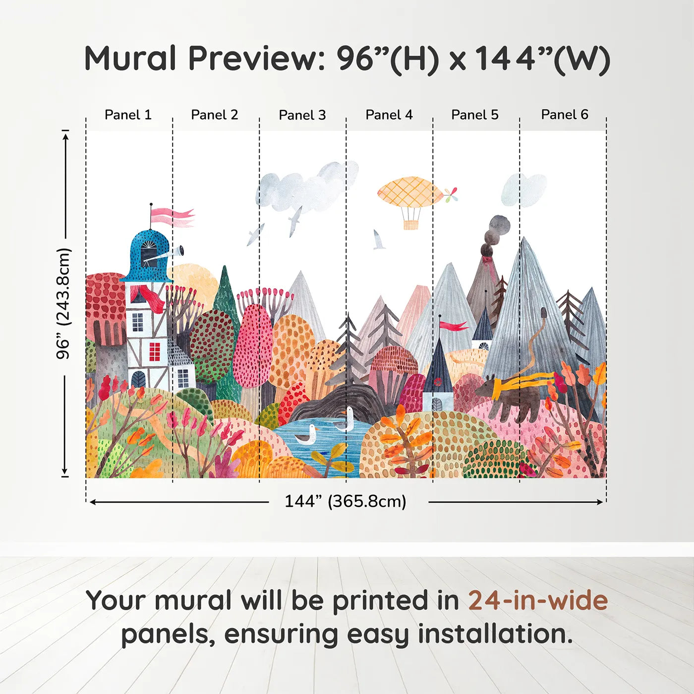 Whimsy Tots Whimsical Mountain Lookout Wall Muraldimension view (96" H x 144" W). Printed in six 24-inch-wide panels. Gender-Neutral
