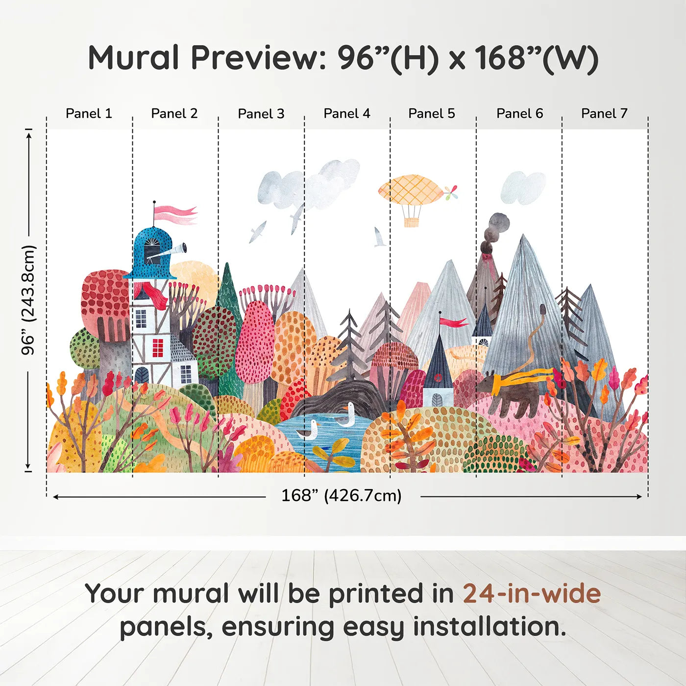 Whimsy Tots Whimsical Mountain Lookout Wall Muraldimension view (96" H x 168" W). Printed in seven 24-inch-wide panels. Gender-Neutral