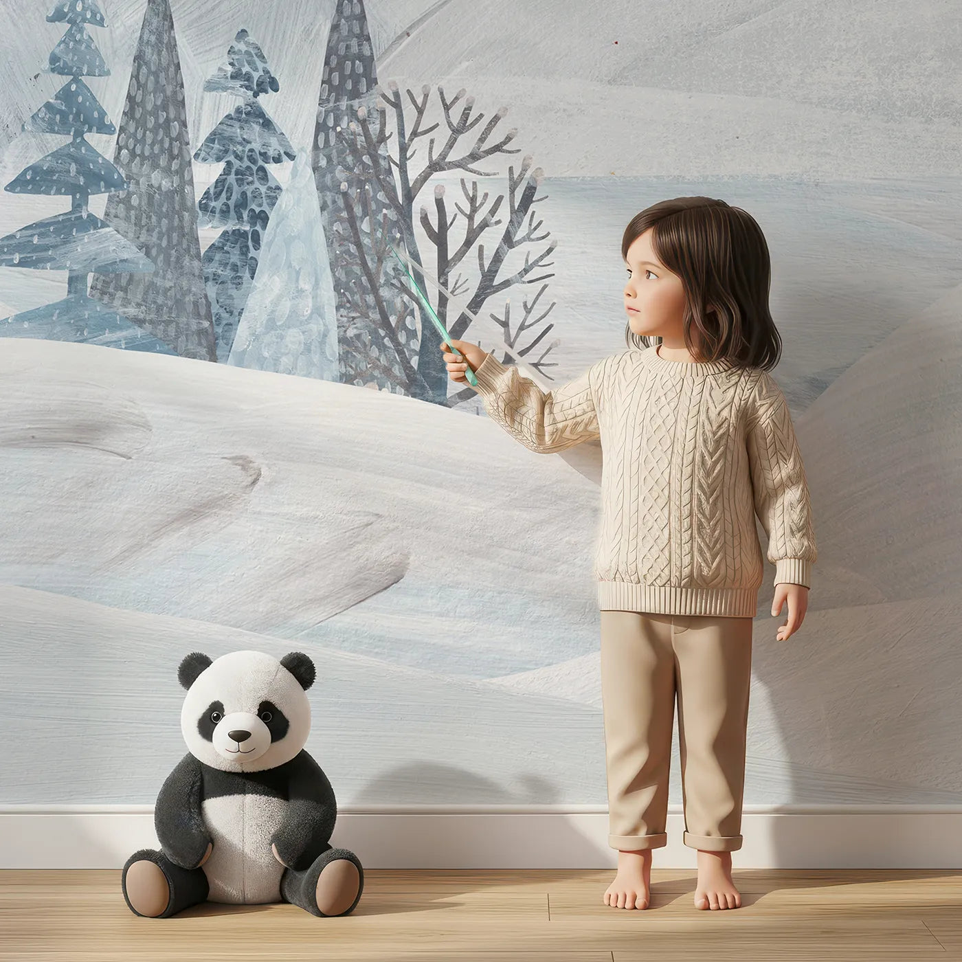 Child in front of Whimsy Tots Painted Winter Village Wall Mural with winter, snow, village, house, mountain, painted, artistic, landscape in design.