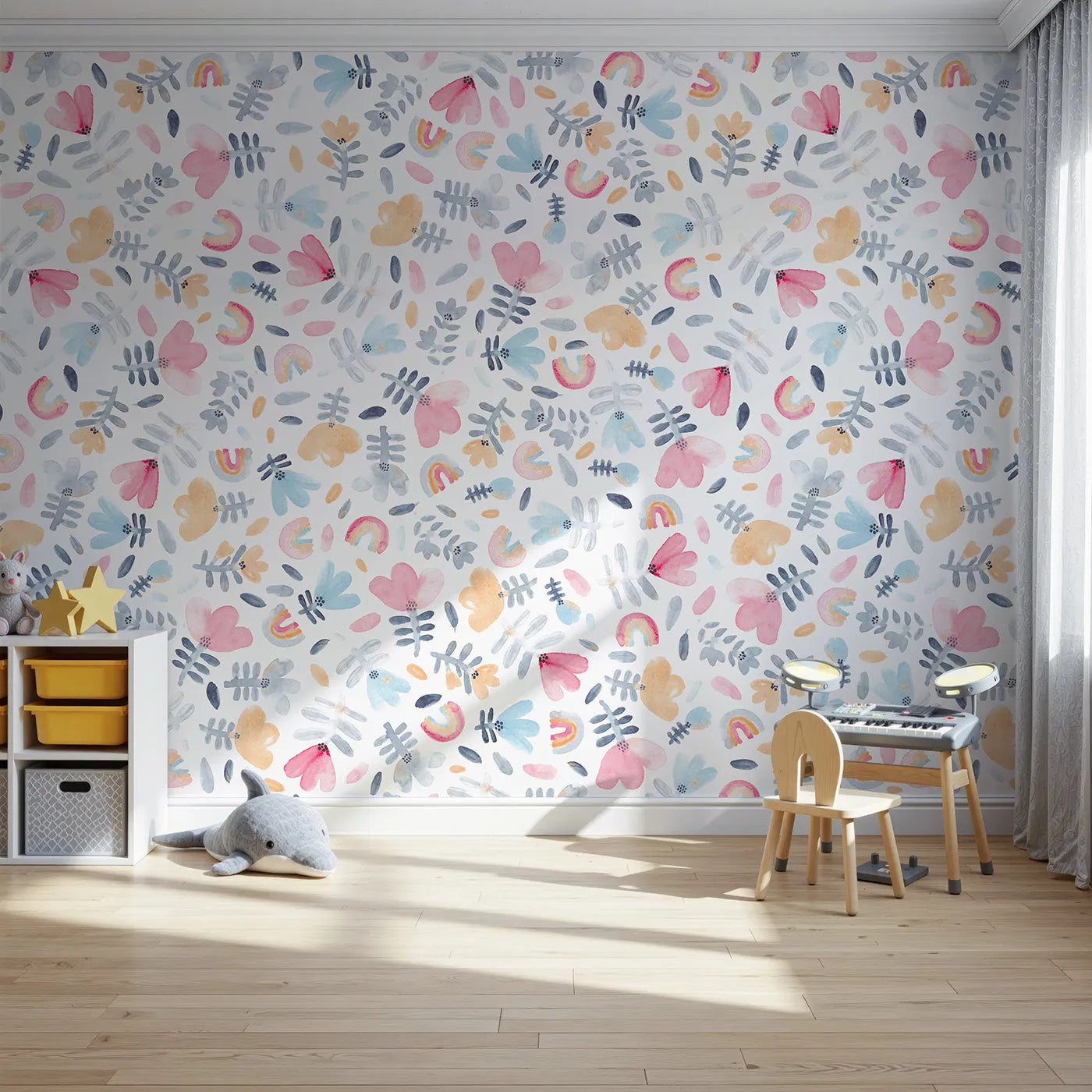Front view of Whimsy Tots' Pastel Rainbow Garden Wall Mural