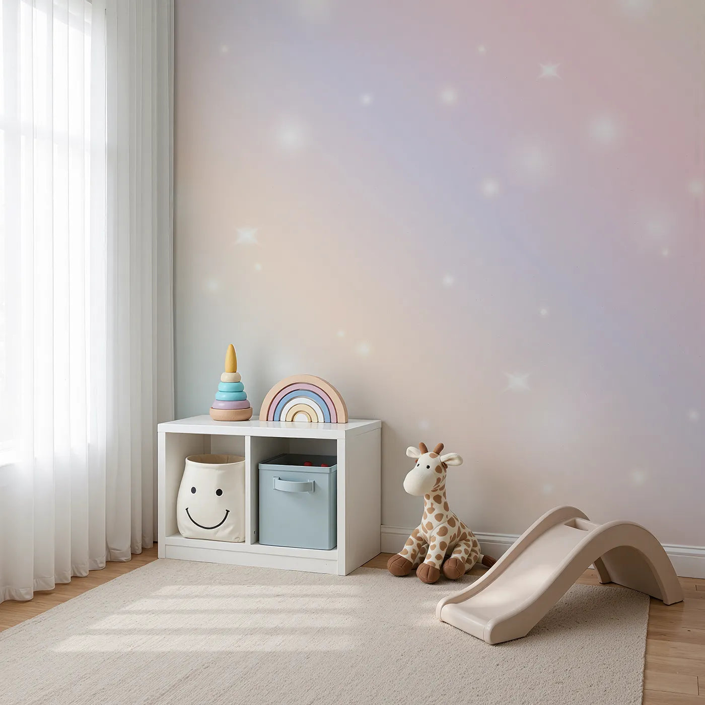 Angled view of Whimsy Tots' Pastel Sparkle Sky Wall Mural (Turn Their Room into a Dreamy, Shimmering Rainbow).Gender-Neutral