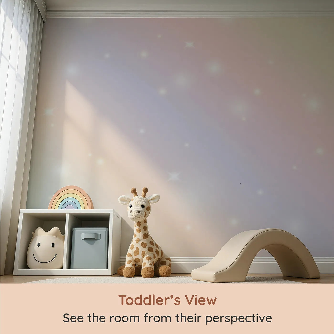 Whimsy Tots Pastel Sparkle Sky Wall Mural (Turn Their Room into a Dreamy, Shimmering Rainbow) from your child's view.Gender-Neutral