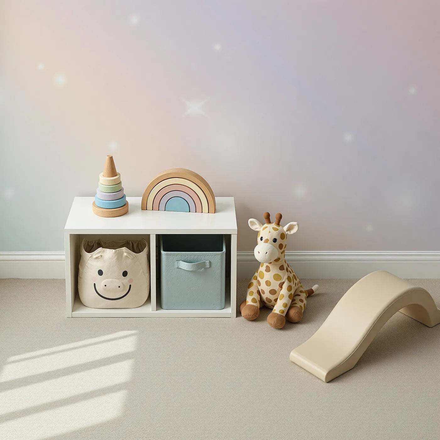 Top-down view of Whimsy Tots' Pastel Sparkle Sky Wall Mural (Turn Their Room into a Dreamy, Shimmering Rainbow).Gender-Neutral