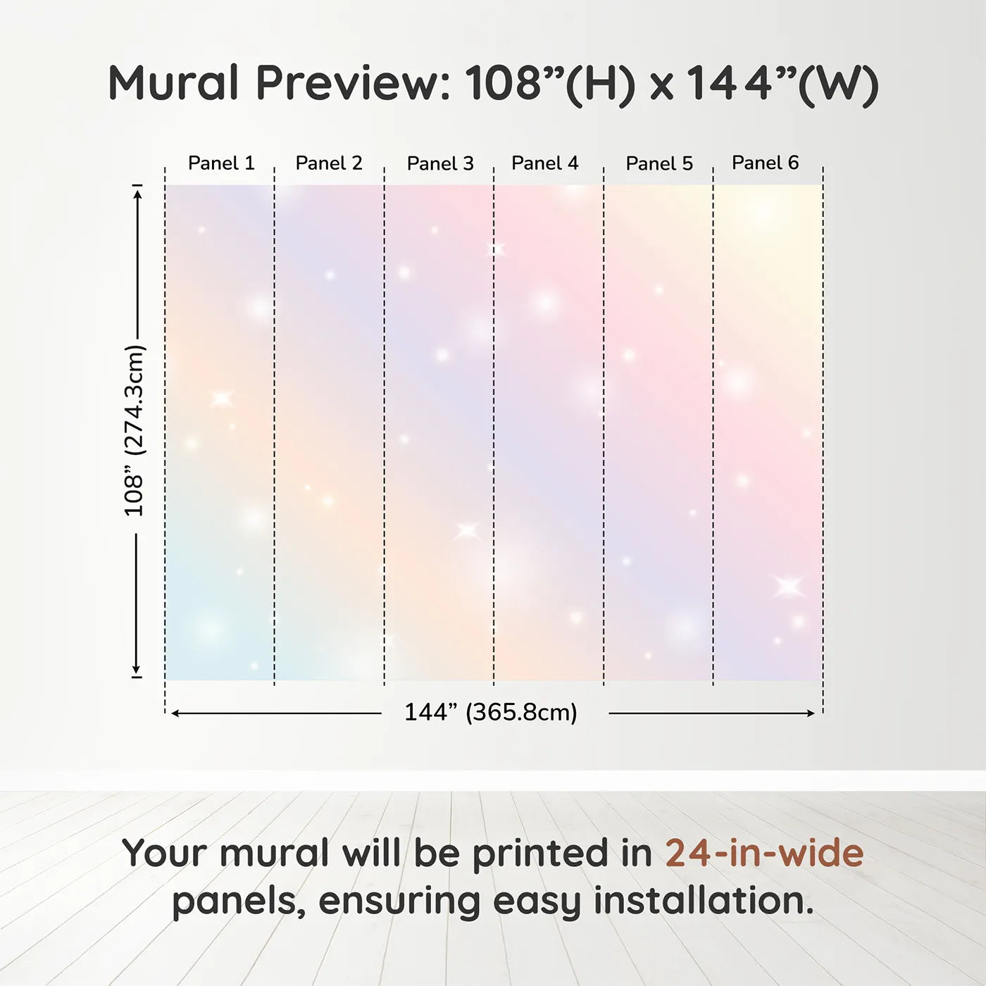 Whimsy Tots Pastel Sparkle Sky Wall Muraldimension view (108" H x 144" W). Printed in six 24-inch-wide panels. Gender-Neutral