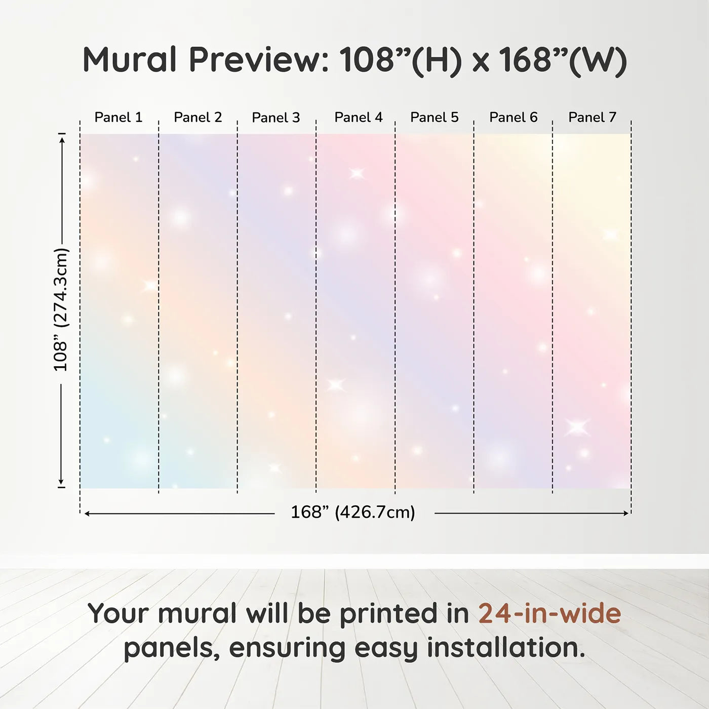 Whimsy Tots Pastel Sparkle Sky Wall Muraldimension view (108" H x 168" W). Printed in seven 24-inch-wide panels. Gender-Neutral