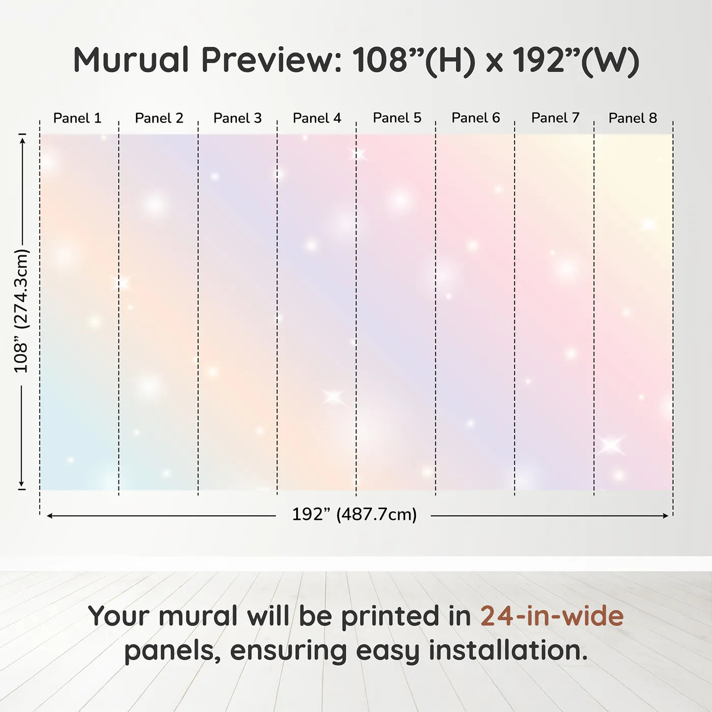 Whimsy Tots Pastel Sparkle Sky Wall Muraldimension view (108" H x 192" W). Printed in eight 24-inch-wide panels. Gender-Neutral